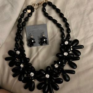 Talbots black & crystal big necklace & smaller earrings